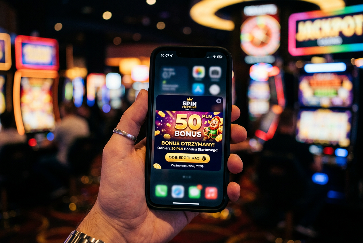 Smartphone with casino bonus offer displayed on screen