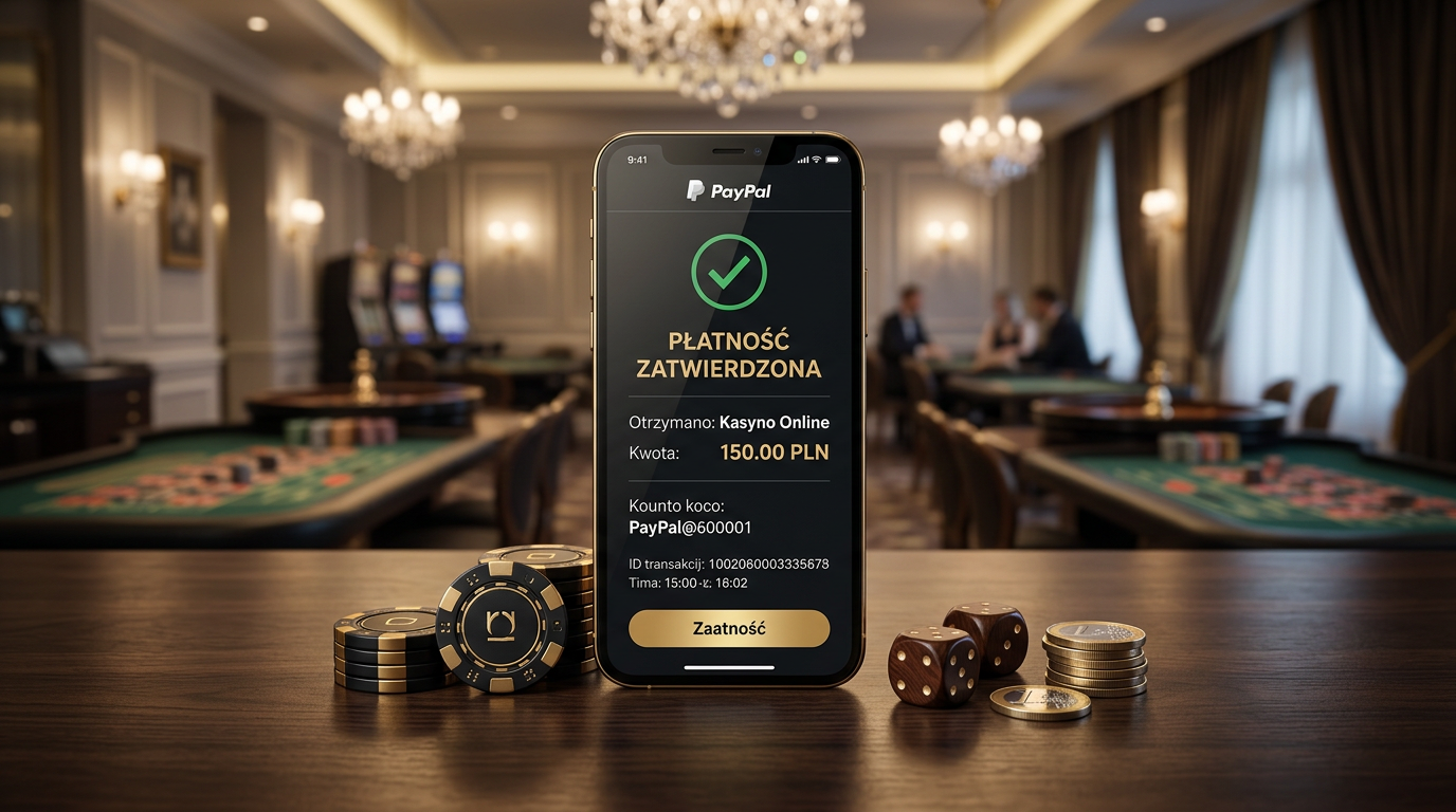 Zabezpieczona płatność PayPal w luksusowym kasynie online - smartfon i żetony