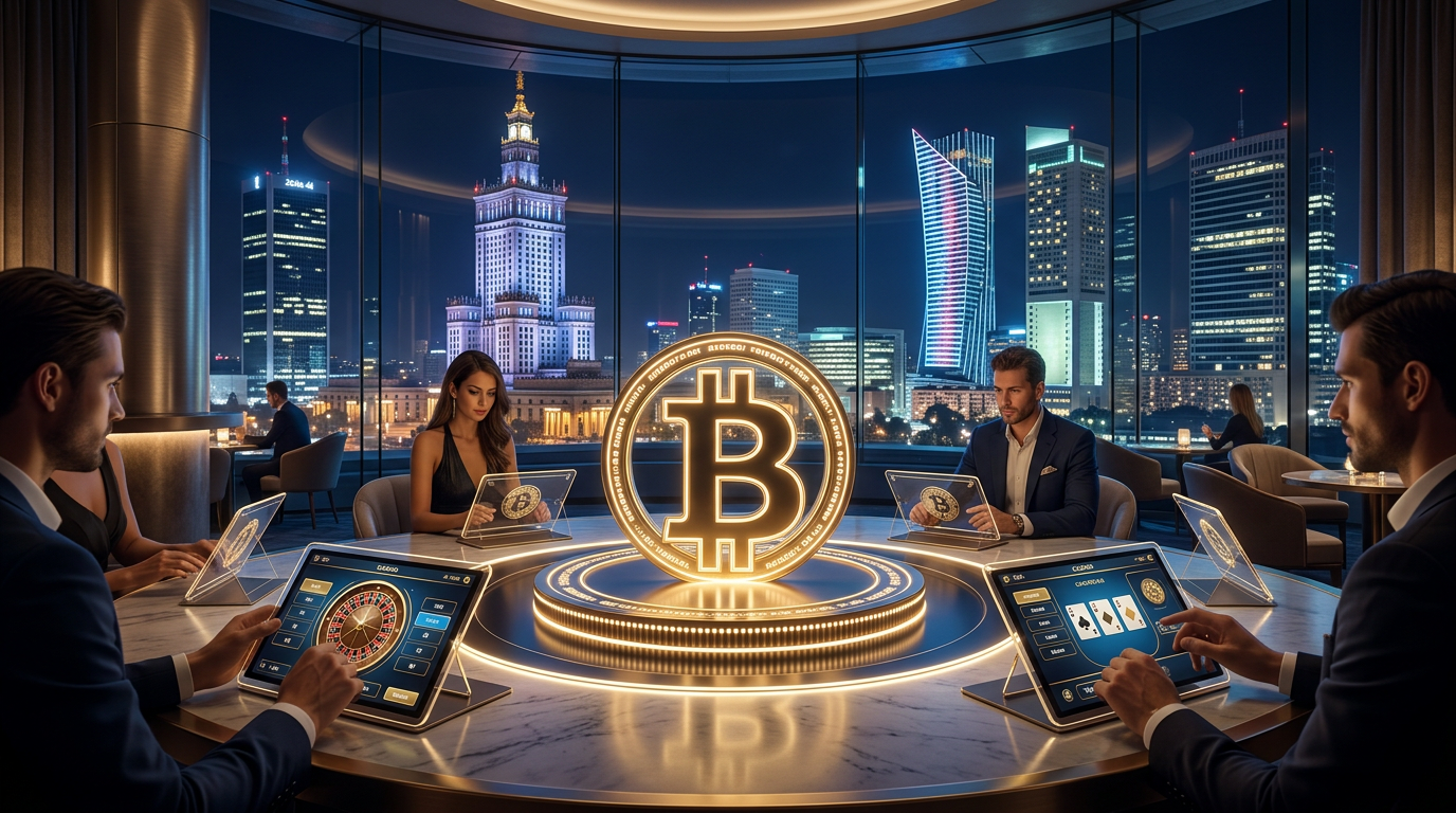 Futurystyczne kasyno bitcoin z widokiem na nowoczesne miasto